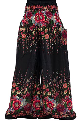 B BANGKOK PANTS Women's Boho Palazzo Pants - color: Black Flowers, size: One Size
