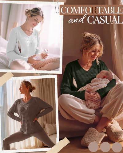 Huukeay 3 Pack Women's Long Sleeve Nursing Breastfeeding Shirts - color: Coffee, White, Army Green, size: Medium