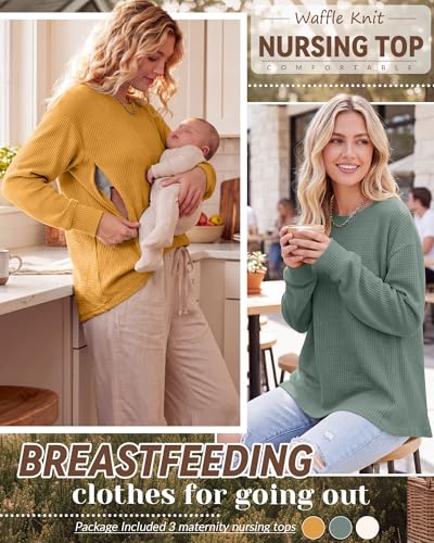 Oakgarden 3 Pack Women's Oversized Nursing Tops - color: Ginger Yellow, Light Green, Cream White, size: Small