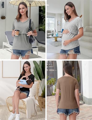Rnxrbb 4 Pack Nursing Tops for Women Postpartum Breastfeeding Shirts - color: Black&light Gray&brown&gray Stripe, size: X-Large