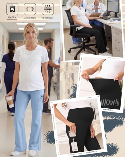 2 Pack Women's Maternity Wide Leg Cargo Scrub Pants - color: Black, Light Gray Blue, size: XX-Large