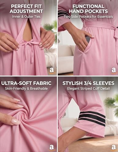 Ekouaer Womens Robe Lightweight 3/4 Sleeve Soft Knit Bathrobe Sleepwear - color: Hot Pink, size: X-Large