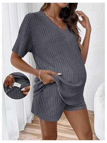 MakeMeChic Women's Maternity 2 Piece Sets Ribbed Shirt and Biker Shorts - color: Grey a, size: Medium