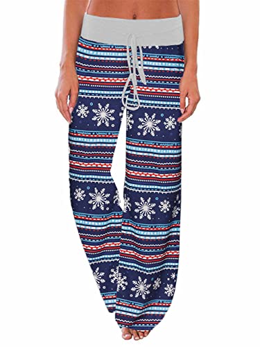 iChunhua Women's Comfy Stretch Floral Print Drawstring Palazzo Wide Leg Lounge Pant - color: Blue Snowflake, size: Small