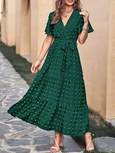 MASCOMODA Womens Summer Swiss Dot Maxi Dresses Wrap Boho Floral Long Dress - color: Dark Green, size: X-Large