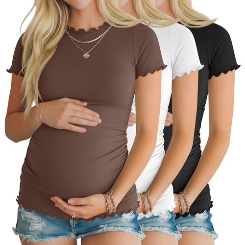 Xaatren 3 Pack Women's Maternity Short Sleeve Shirts - color: Brown, White, Black, size: Medium