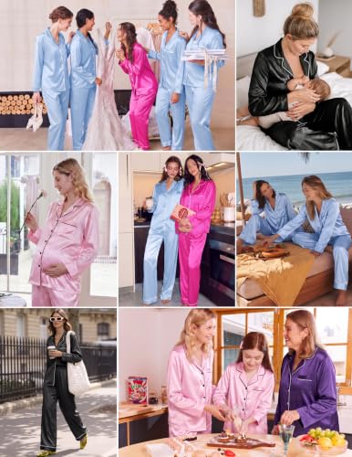 Ekouaer Womens Pajamas Silk Satin Long Sleeve Button Down Pjs Lounge Set - color: Navy, size: Medium
