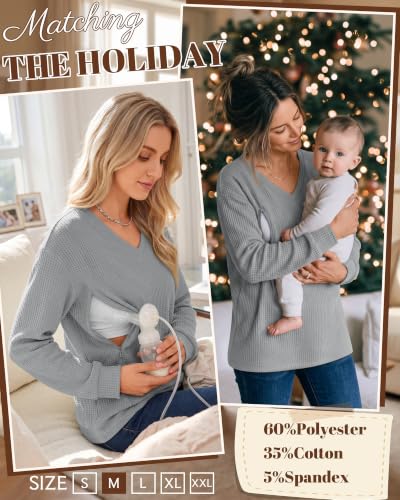 Women’s Waffle Knit Nursing Shirts Regular Fit - color: Light Gray, size: Large