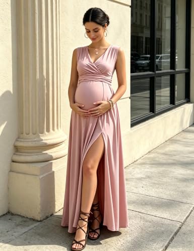 Maternity Maxi Dress Sleeveless V Neck Wrap High Slit Shower Gown - color: Pink, size: X-Large