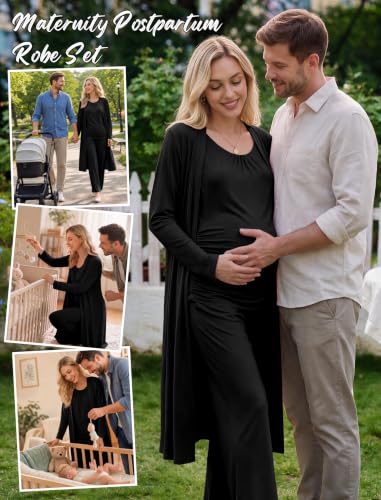 Women 3PCS Maternity Robe Sets Nursing Pajamas Postpartum Breastfeeding Pjs - color: Black, size: Large