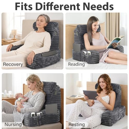 ENITYA 19" Large Back Pillow for Bed Sitting Up with Armrests & Big Pockets - color: Dark Grey, size: L(Under 5'3")