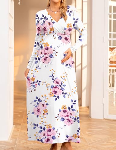 Fall Wrap V Neck Long Sleeve Maternity Maxi Dress Baby Shower - color: Z-white Floral- Hx131, size: Medium