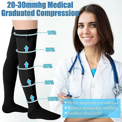 Sosation Thigh High Zipper Compression Socks Women - color: Black, size: XXXX-Large