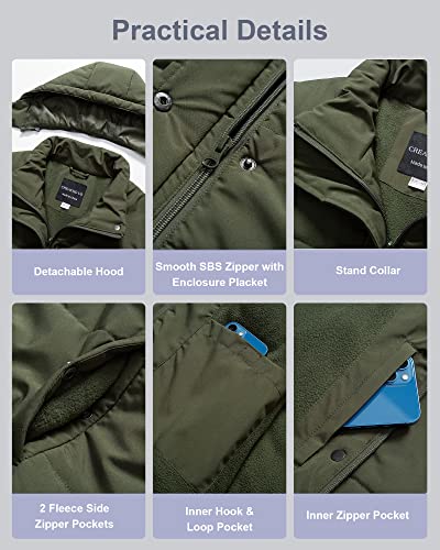 CREATMO US Women's Plus Size Warm Puffer Jacket Waterproof Fleece Lined Winter Coat with Removable Hood - color: Army Green, size: 2X