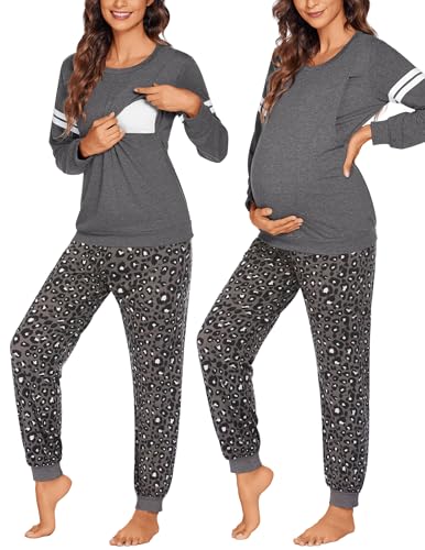 Maternity Pajamas Set Nursing Breastfeeding Postpartum Pregnancy Pjs - color: Grey-leopard Print, size: Small