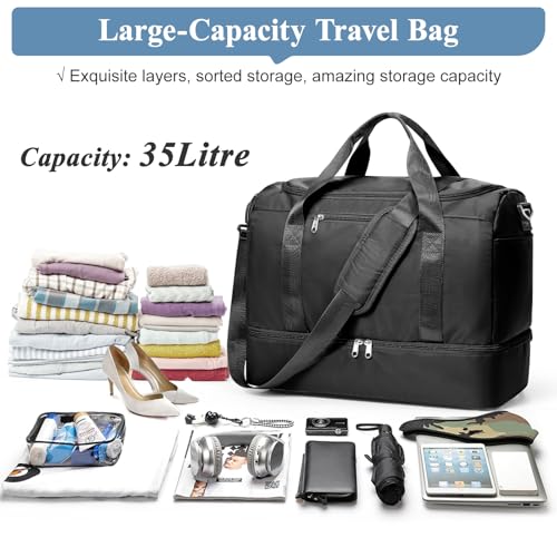 Travel Duffel Bag,Carry-On Overnight Weekender Bags with Shoes Compartment - color: Black, size: Small