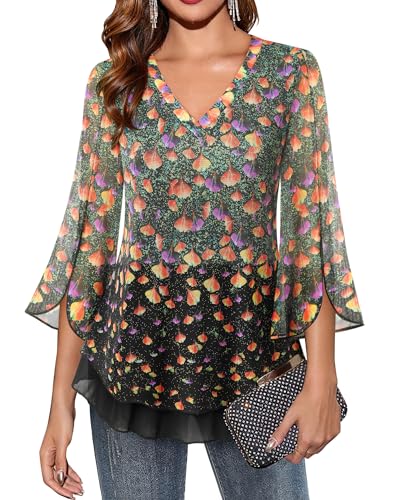 Timeson Women's 3/4 Sleeve Floral Blouses Shirts - color: Black Beige, size: Medium