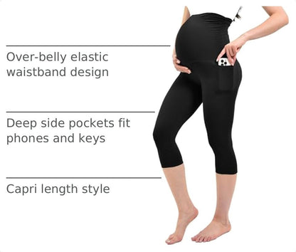 Ipletix Maternity Capris Leggings with Pockets Pregnancy Yoga Pants - color: Black, size: Medium