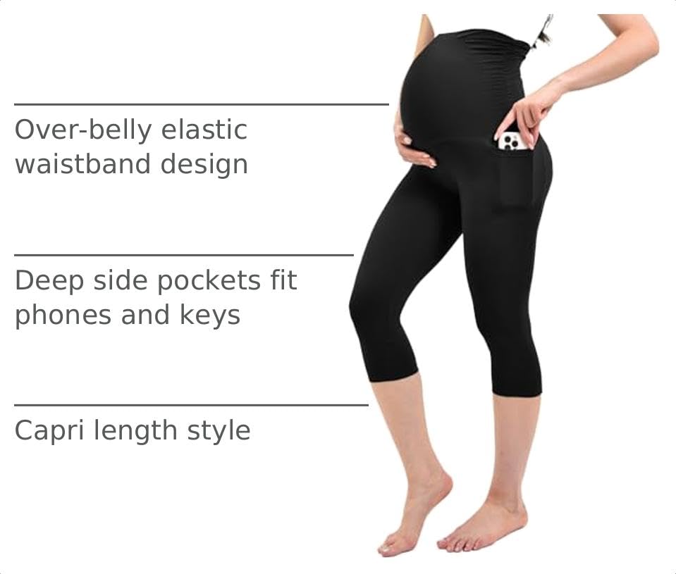 Ipletix Maternity Capris Leggings with Pockets Pregnancy Yoga Pants - color: Black, size: Medium
