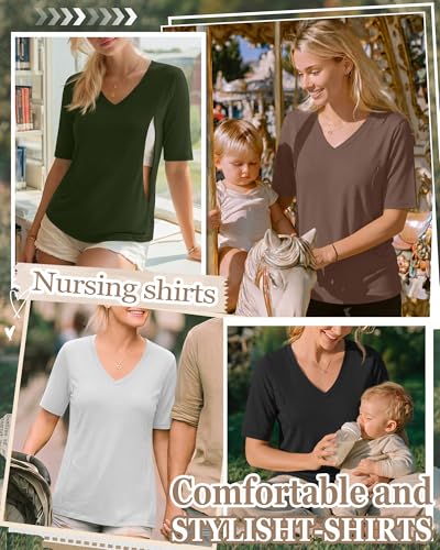 4 Pack Women Nursing Shirts Breastfeeding Tops - color: Army Green, Coffee, White, Black, size: X-Large