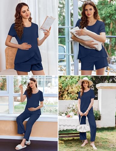 Ekouaer 3 PCS Maternity Nursing Pajamas Set Postpartum Breastfeeding PJS - color: Navy Blue, size: Small