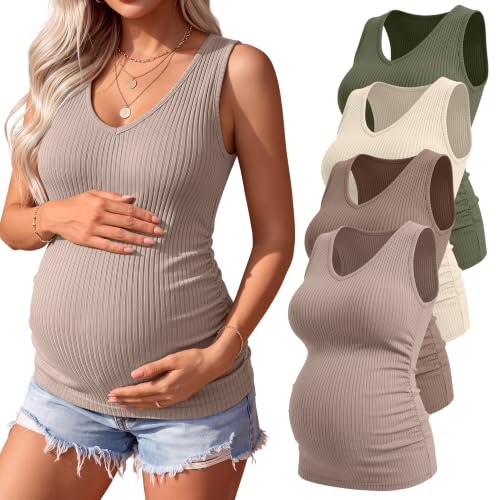 4 Pack Women's Maternity Pregnancy Tanks - color: Camel, Coffee, Apricot, Gray Green, size: Medium