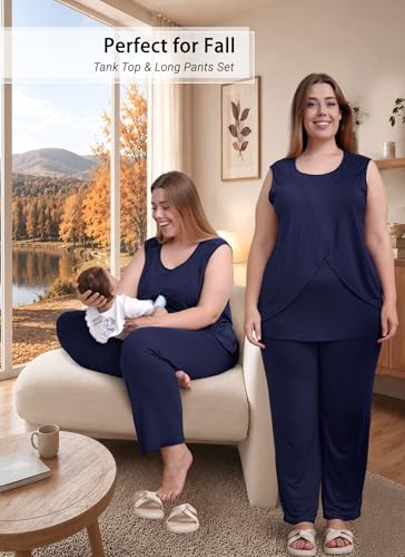 Rnxrbb 4 PCS All-Season Nursing Pajamas Robe Set Maternity Postpartum Pjs - color: Navy, size: Medium