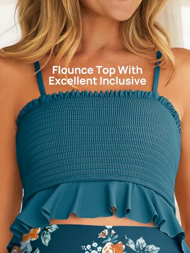 Summer Mae Maternity Swimsuit Ruffled Two Piece High Waist Bikini Swimwear - color: Green Flower, size: Medium