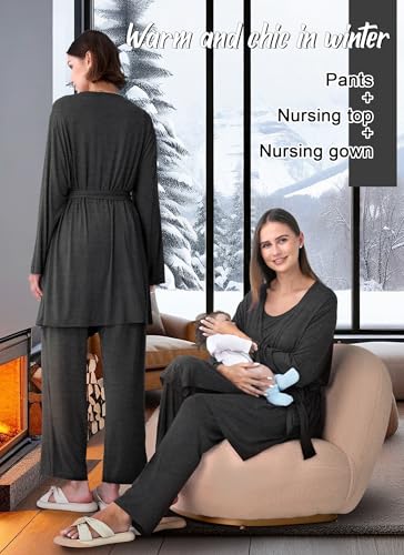 Rnxrbb 4PCS Year-Round Nursing Pajamas Robe Set Postpartum Breastfeeding Pj - color: Deep Gray, size: Large