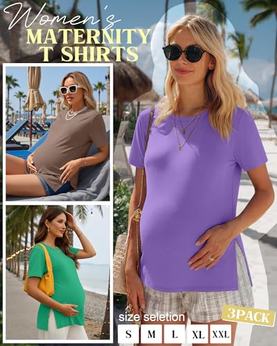 Ficerd 3 Pack Women's Maternity T Shirts - color: Green, Coffee, Purple, size: Large