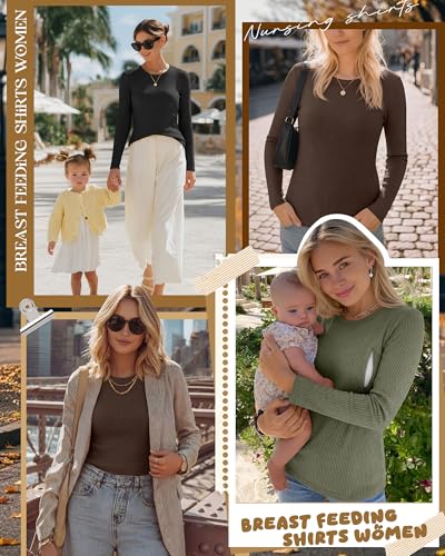 3 Pack Womens Long Sleeve Nursing Shirts, Ribbed Knit - color: Gray Green, Coffee, Black, size: Medium