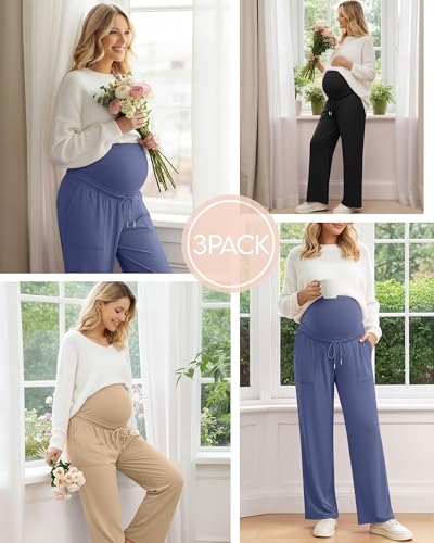 3 Pack Women's Maternity Casual Pants - color: Haze Blue, Khaki, Black, size: Small