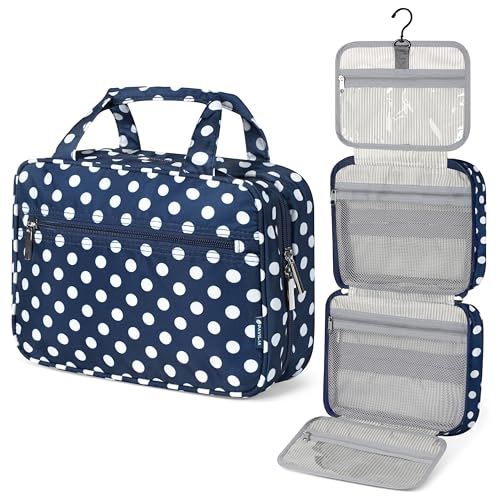 PAVILIA Hanging Toiletry Bag for Women, Portable Makeup Organizer, Navy Dot - color: Navy Polka Dot