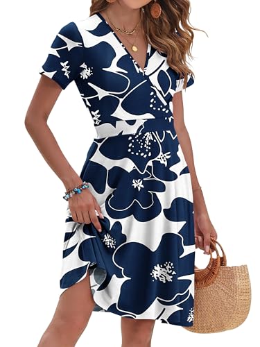 Womens Summer Floral Faux Wrap A-Line Dress with Pockets - color: White Navy Flower, size: Medium