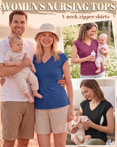 3 Pack Womens Nursing Tops V Neck - color: Fuchsia, Dark Blue, Black, size: Small
