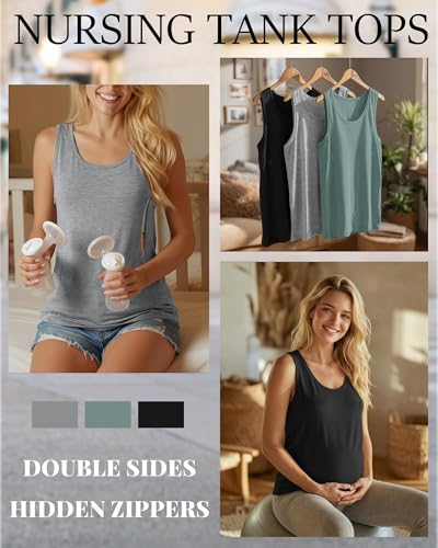 Ficerd 3 Pack Women's Nursing Tank Tops - color: Black, Light Gray, Gray Green, size: Large
