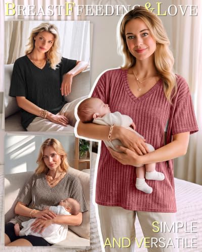 Huukeay 3 Pack Women's V Neck Nursing T-Shirts - color: Red, Light Coffee, Black, size: Small