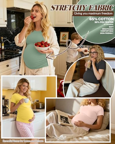 Huukeay 4 Pack Women's Short Sleeve Maternity Tops - color: Beige, Pastel Yellow, Gray Green, Light Pink, size: Small