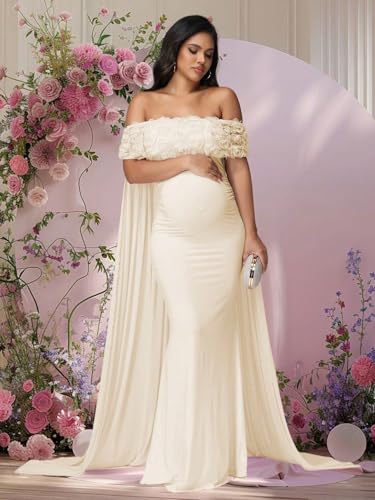 Maternity Mesh Off Shoulder Chiffon Cloak Maxi Photoshoot Dress - color: Beige-a, size: X-Large