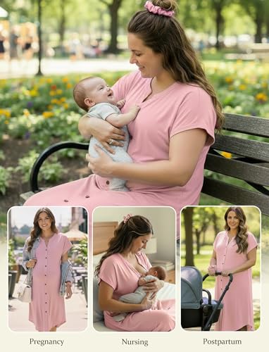 PATPAT Maternity Nursing Dress, Womens Button-Down Midi Dress with Pockets - color: Light Pink, size: Small