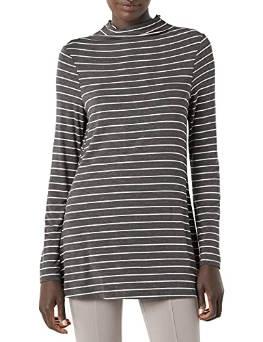 Amazon Essentials Women's Jersey Long-Sleeve Mock Neck Swing Tunic Top, Relaxed Fit Pullover - color: Charcoal Heather White Stripe, size: X-Small