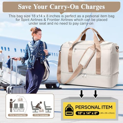 Travel Duffel Bag,Carry-On Overnight Weekender Bags with Shoes Compartment - color: Beige & Brown, size: Small