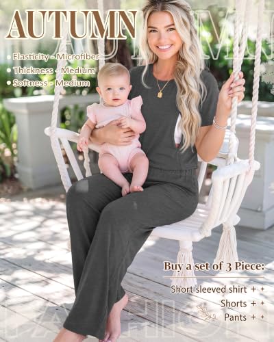 3 Piece Postpartum Nursing Pajamas Set Nursing Lounge Set - color: Dark Gray, size: Large