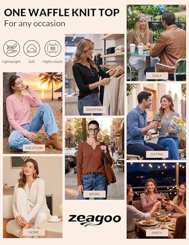 Zeagoo Women's Long Sleeve Waffle Knit Tops 2026 Fall Henley V Neck Shirts - color: Army Green, size: Large