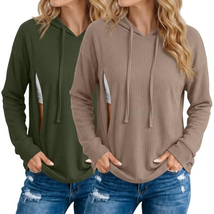 Ficerd 2 Pack Women's Nursing Waffle Hoodies Breastfeeding Tops - color: Coffee, Army Green, size: X-Large