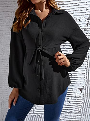 MakeMeChic Women's Maternity Blouse Long Sleeve Belted Button Down Tops - color: Black, size: X-Small