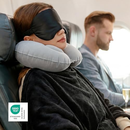Bedsure Travel Blanket Set with Inflatable Neck Pillow and Eye Mask, Black - color: Black