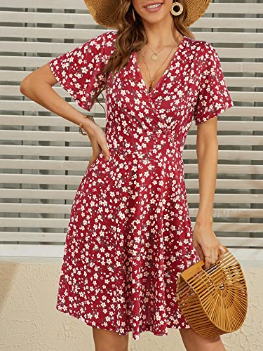 FENSACE Women Sundress Summer Wrap V Neck Flowy Midi Dress - color: Red, size: Medium