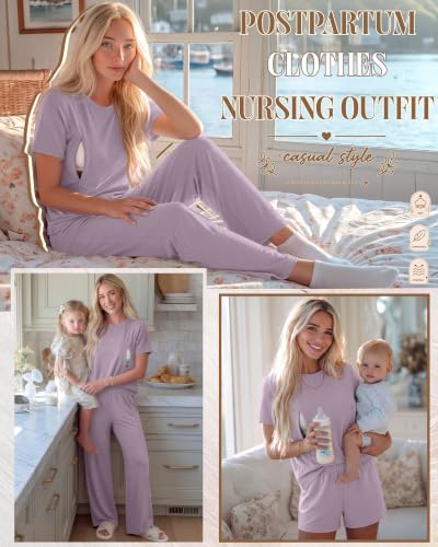 3 Piece Postpartum Nursing Pajamas Set Nursing Lounge Set - color: Light Purple, size: Small