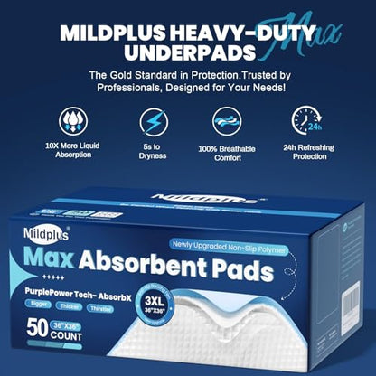 MILDPLUS Heavy Duty Underpad 36''x36'' 50 Count - size: 36x36-50 (Blue or Purple)